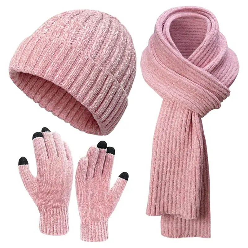 Women's Winter Beanie, Knit Scarf, Touchscreen Gloves Gift Set 1