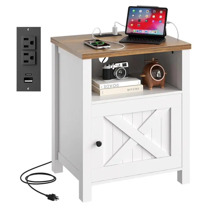 Wood Bedside Farmhouse Nightstand Table W/ Charging Station 1