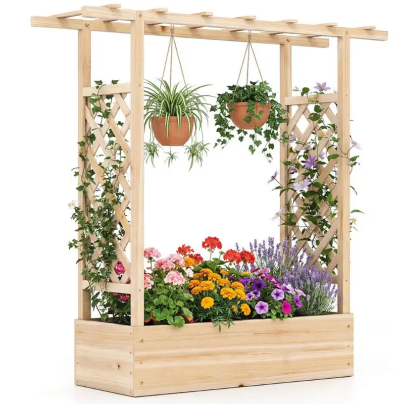 Wooden Raised Garden Bed With Trellis 1