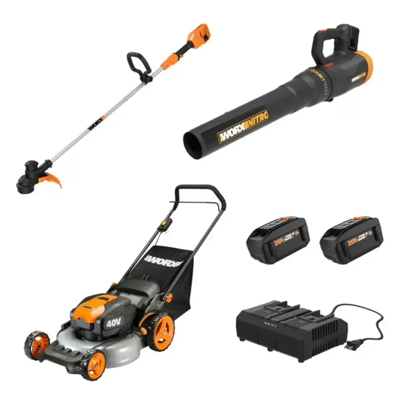 Worx 40V Combo, Includes 20" Push Mower, 13" String Trimmer, Quiet Tech Blower 1