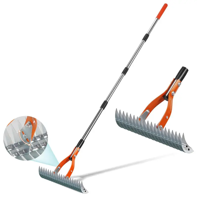 Yofidra 15" Heavy Duty Metal Dethatcher Rake W/ 70" Adjustable Manual Thatcher (Orange) 1