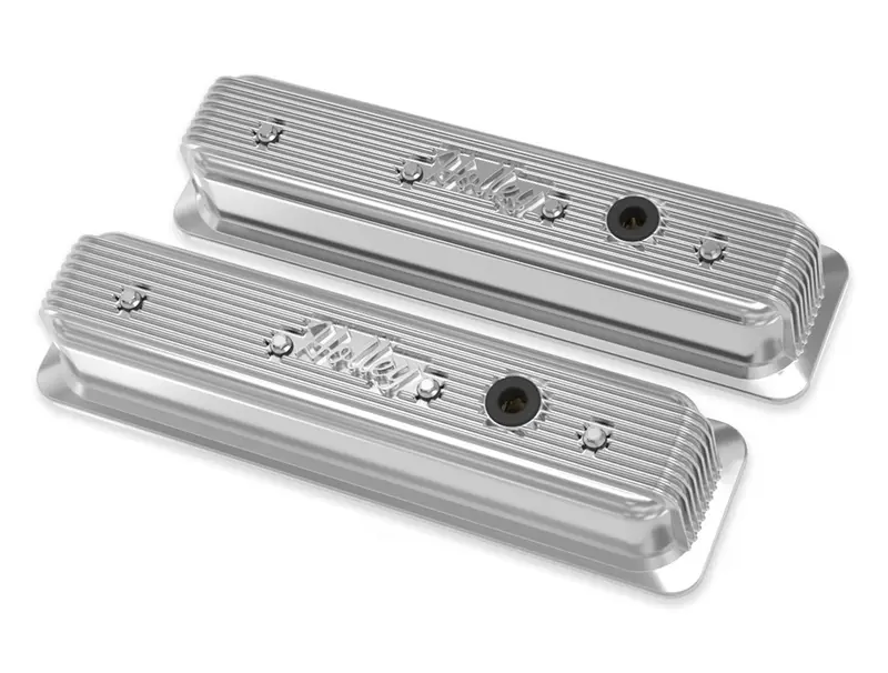 Holley 241-248 Center-Bolt Finned Valve Covers – Polished Aluminum, No Emissions Port 1