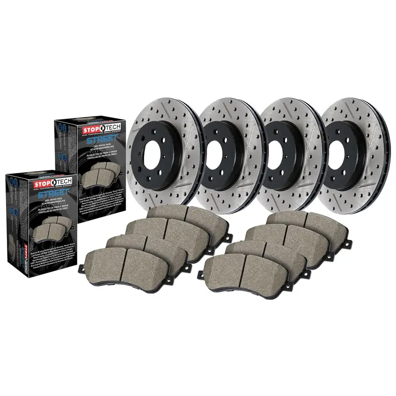 Stoptech 935.39042 Street Axle Brake Kit – Drilled & Slotted Rotors (Front + Rear) 1