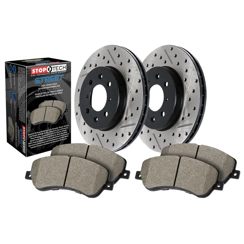 Stoptech 938.39025 Front-Only Street Axle Brake Kit – Drilled & Slotted Rotors 1
