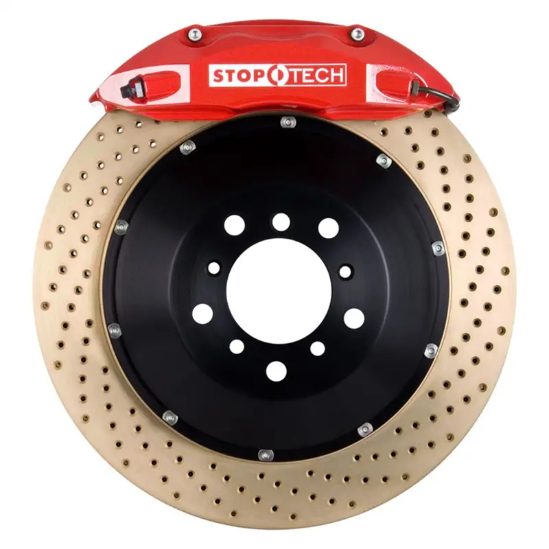 Stoptech Big Brake Kit – Front Axle Upgrade With Red Calipers And Two-Piece Drilled Rotors 1