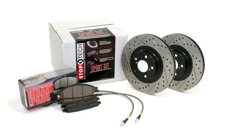 Stoptech Sport Axle Pack – Front Slotted & Drilled Brake Kit With Stainless Braided Lines 1